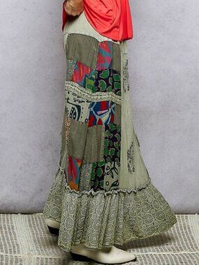 Printed Patchwork Embroidered Ruffled Skirt